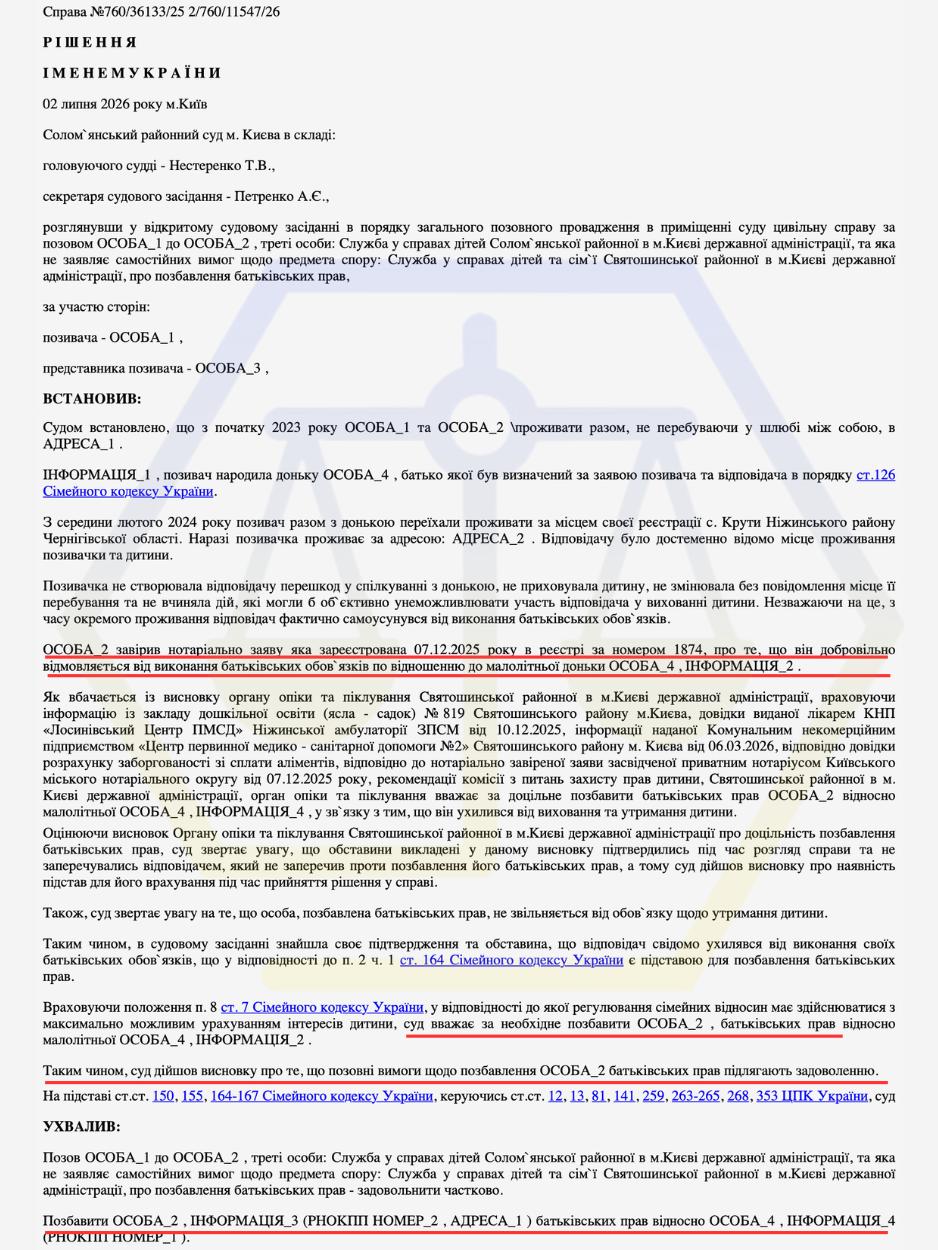 ПОЗБАВИЛИ БАТЬКА БАТЬКІВСЬКИХ ПРАВ ЩОДО МАЛОЛІТНЬОЇ ДОНЬКИ ЧЕРЕЗ СУД