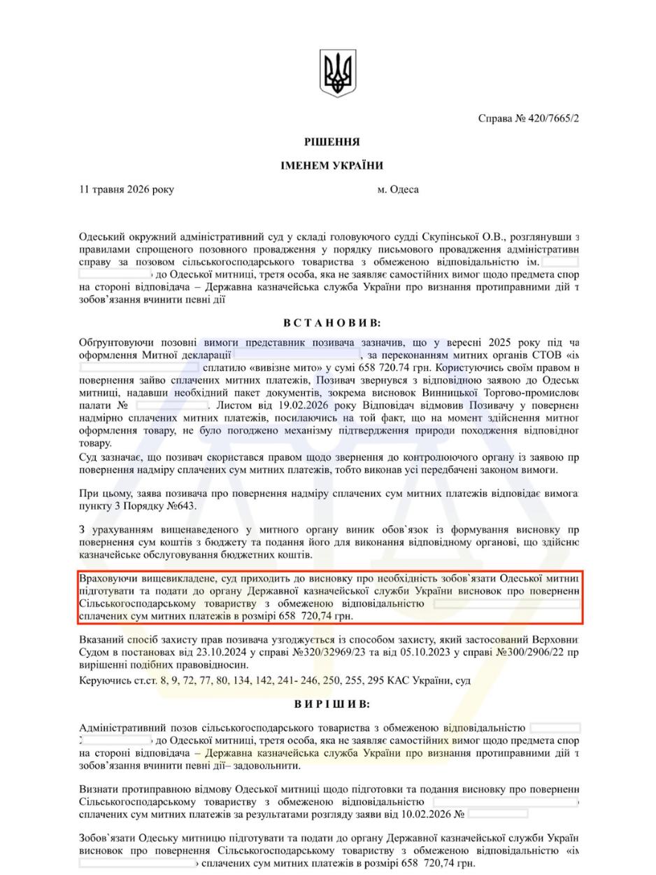 ЗОБОВ’ЯЗАЛИ ПОВЕРНУТИ СПЛАЧЕНІ СУМИ МИТНИХ ПЛАТЕЖІВ У РОЗМІРІ 658 720 ГРН