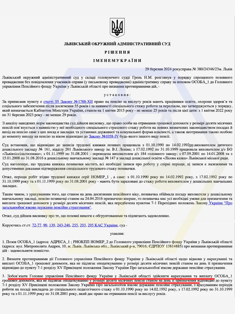 ОСКАРЖИЛИ ВІДМОВУ ПФУ ТА ЧЕРЕЗ СУД ДОМOГЛИСЯ ЗАРАХУВАННЯ СТАЖУ Й ВИПЛАТИ ДЕСЯТИ ПЕНСІЙ